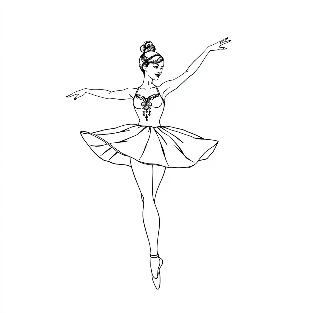 A ballerina mid-dance, realistic pose, flowing tutu, and body lines – elegant coloring subject