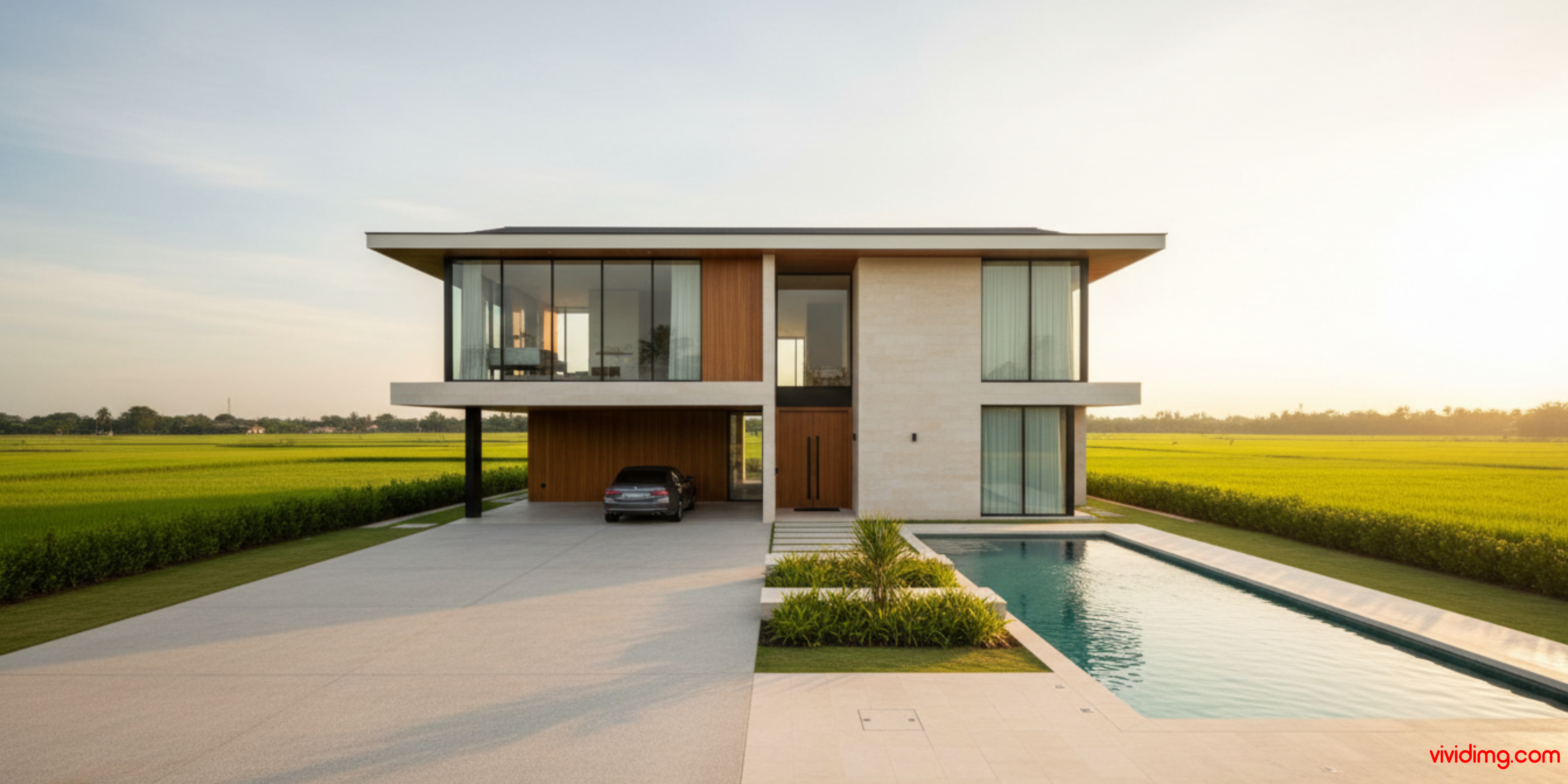 a beautiful house with a pool in the lush green paddy field