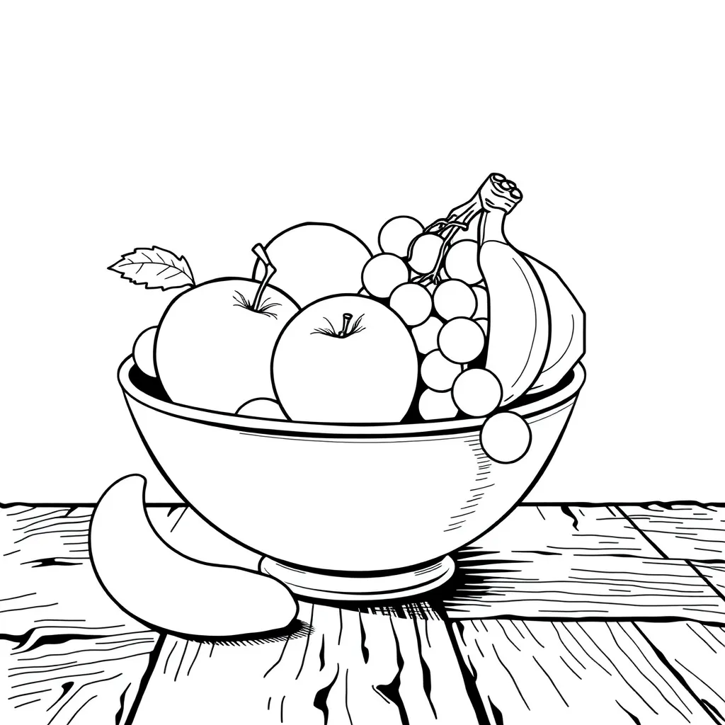 A bowl of fruits on a rustic wooden table, realistic apple, grapes, banana outlines – still-life style