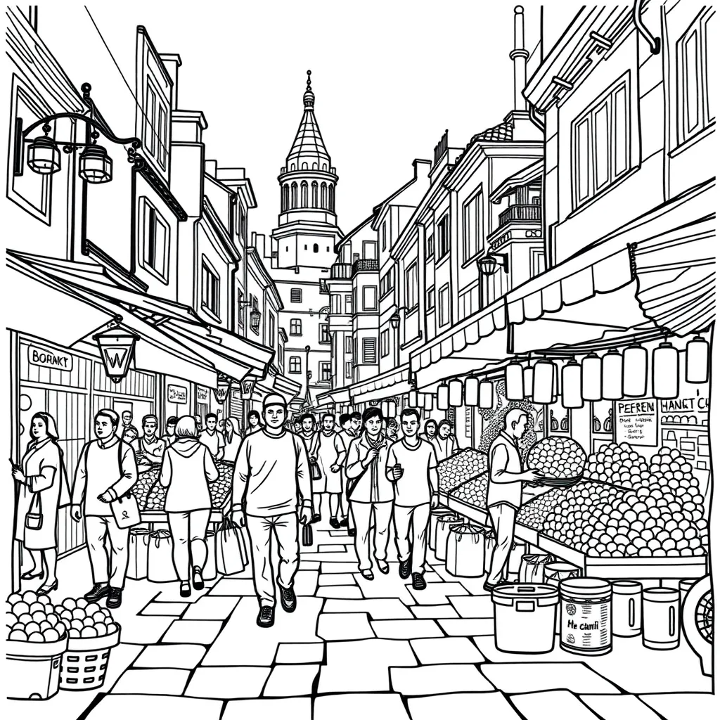 A bustling street market scene, with people, fruit stalls, and architecture – realistic composition