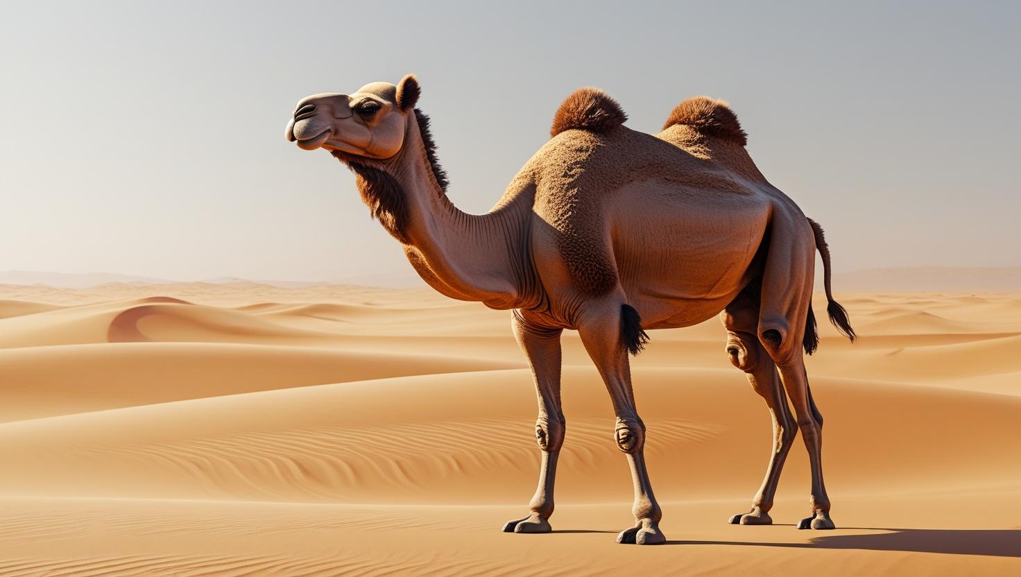 A camel standing in a desert area on a sunny day