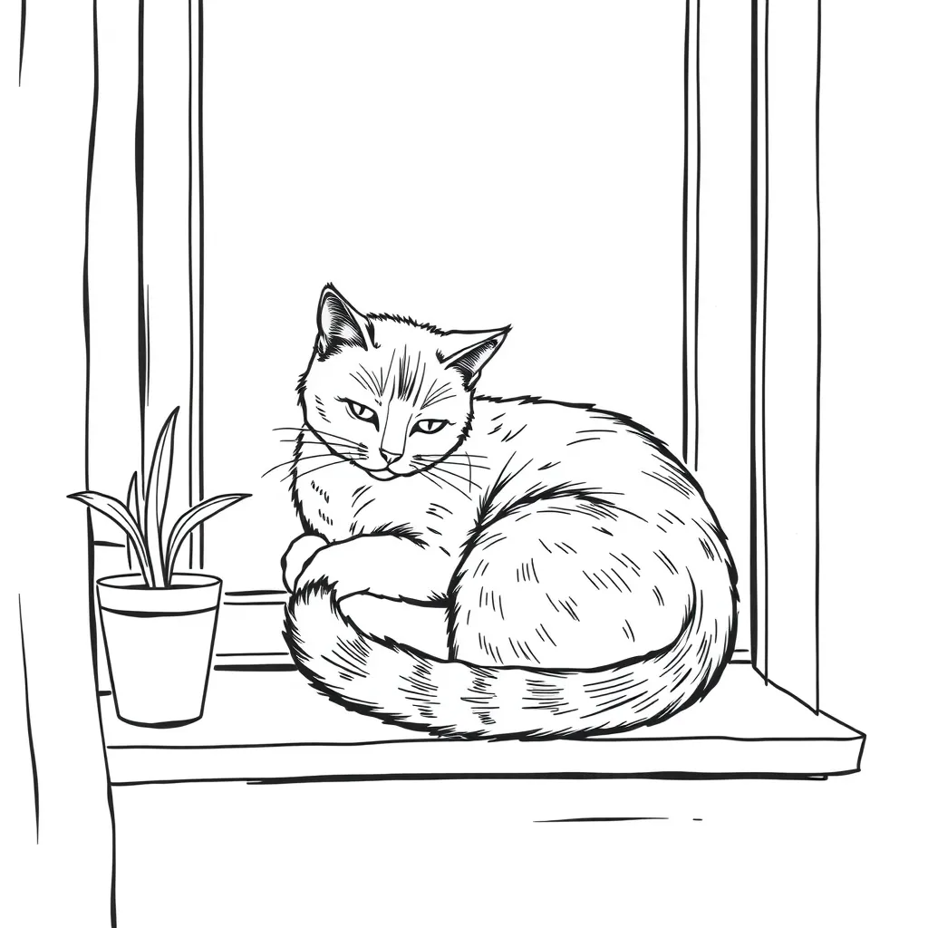 A cat curled up on a windowsill, fur drawn with fine lines – quiet home scene