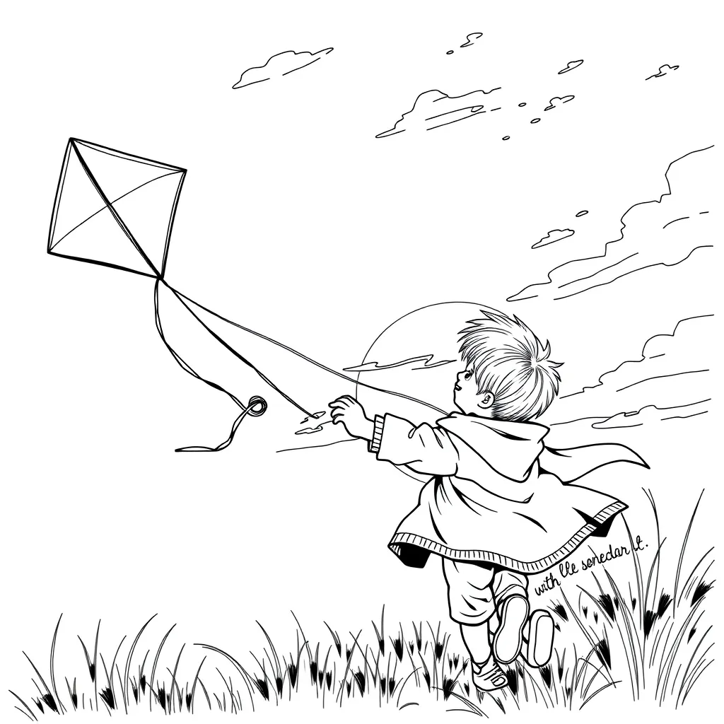 A child flying a kite at sunset, with realistic wind effects and clothing folds – detailed action pose