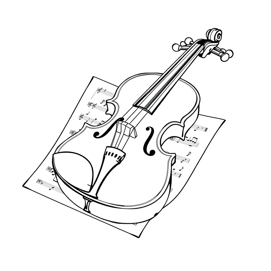A classical violin resting on a music sheet, realistic proportions and textures – minimal shading lines.