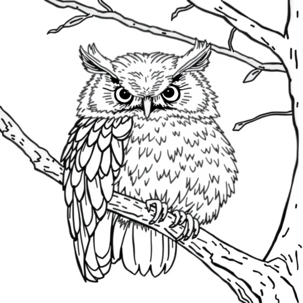 A close-up of an owl on a tree branch, feathers drawn in full detail – suitable for advanced coloring