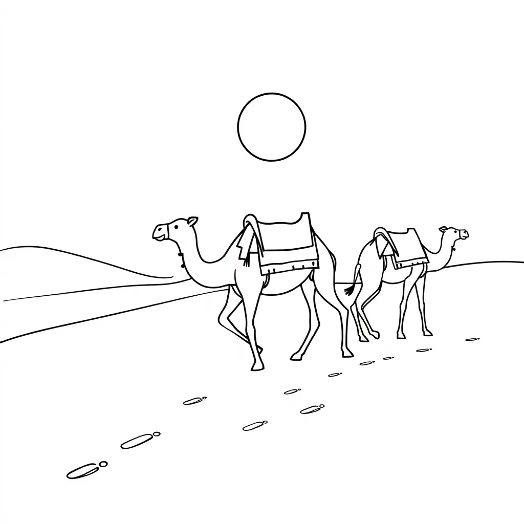 A desert camel caravan walking under the sun, with footprints, sand dunes – realism-focused lines