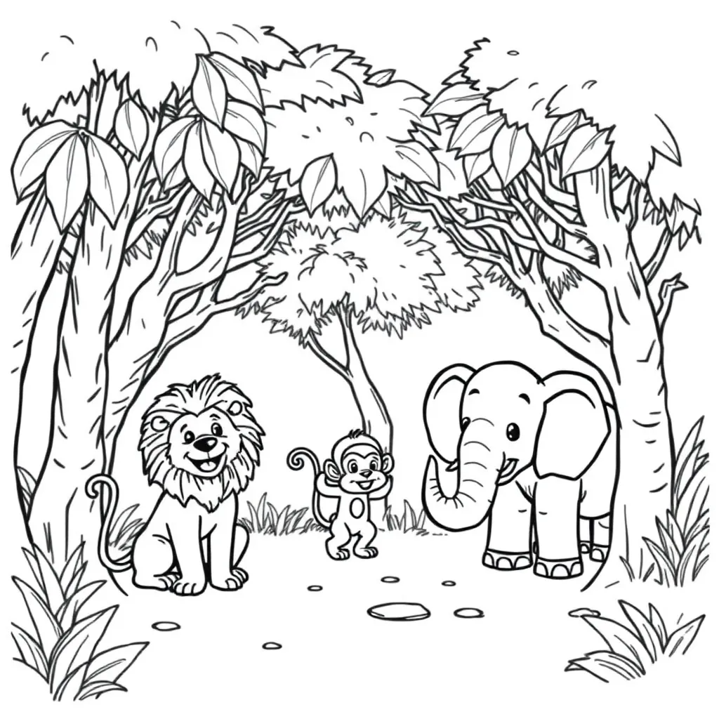 A happy jungle scene with a lion, monkey, and elephant playing under trees – line art, no shading