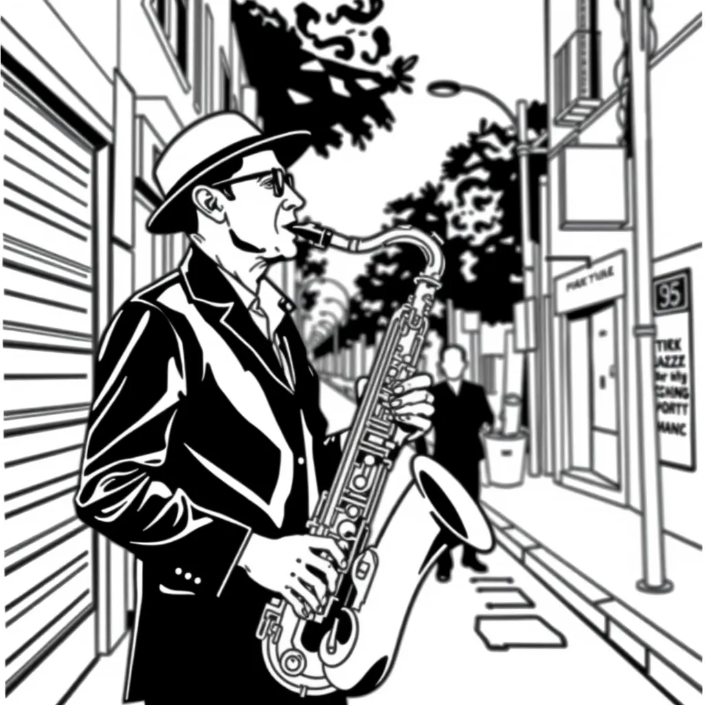 A man playing the saxophone on a quiet street, urban jazz scene – dynamic human posture and background