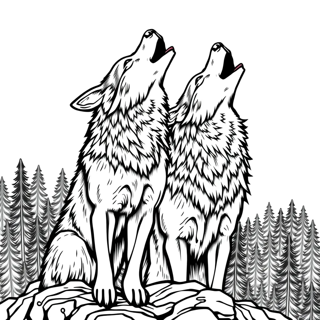 A pair of realistic wolves howling at the moon, fur, muscles, and forest in the background – dramatic scene