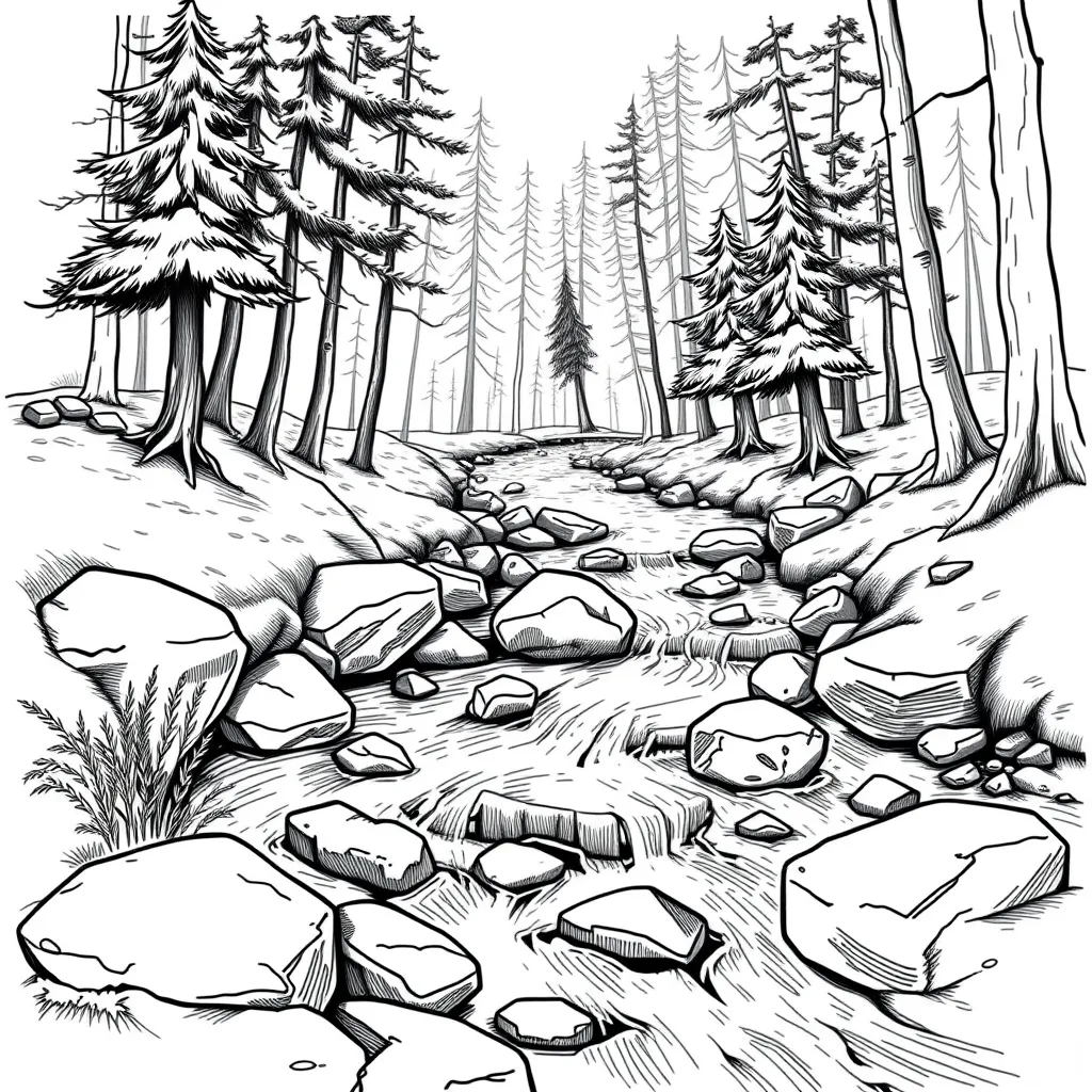 A peaceful forest stream with rocks, flowing water lines, and trees – realistic landscape sketch