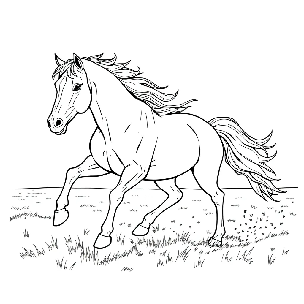 A realistic horse galloping in an open field, with flowing mane and muscular details – fine line art