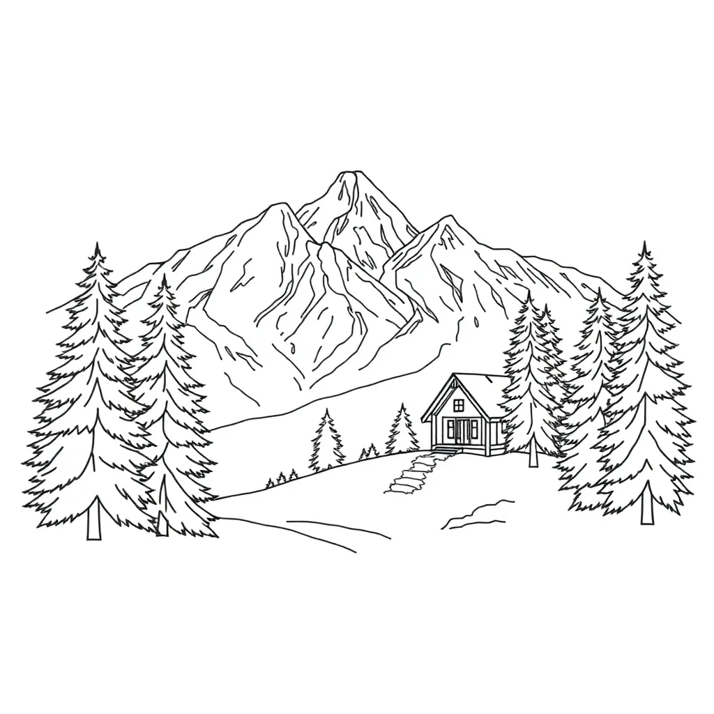 A scenic mountain landscape with pine trees and a cabin, fine lines for realism and depth