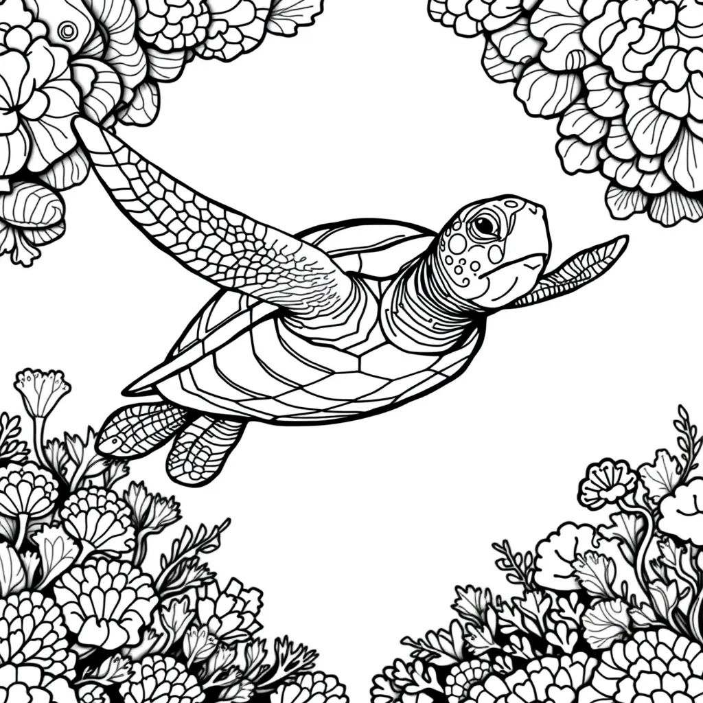 A sea turtle swimming underwater, detailed shell patterns and coral reef background