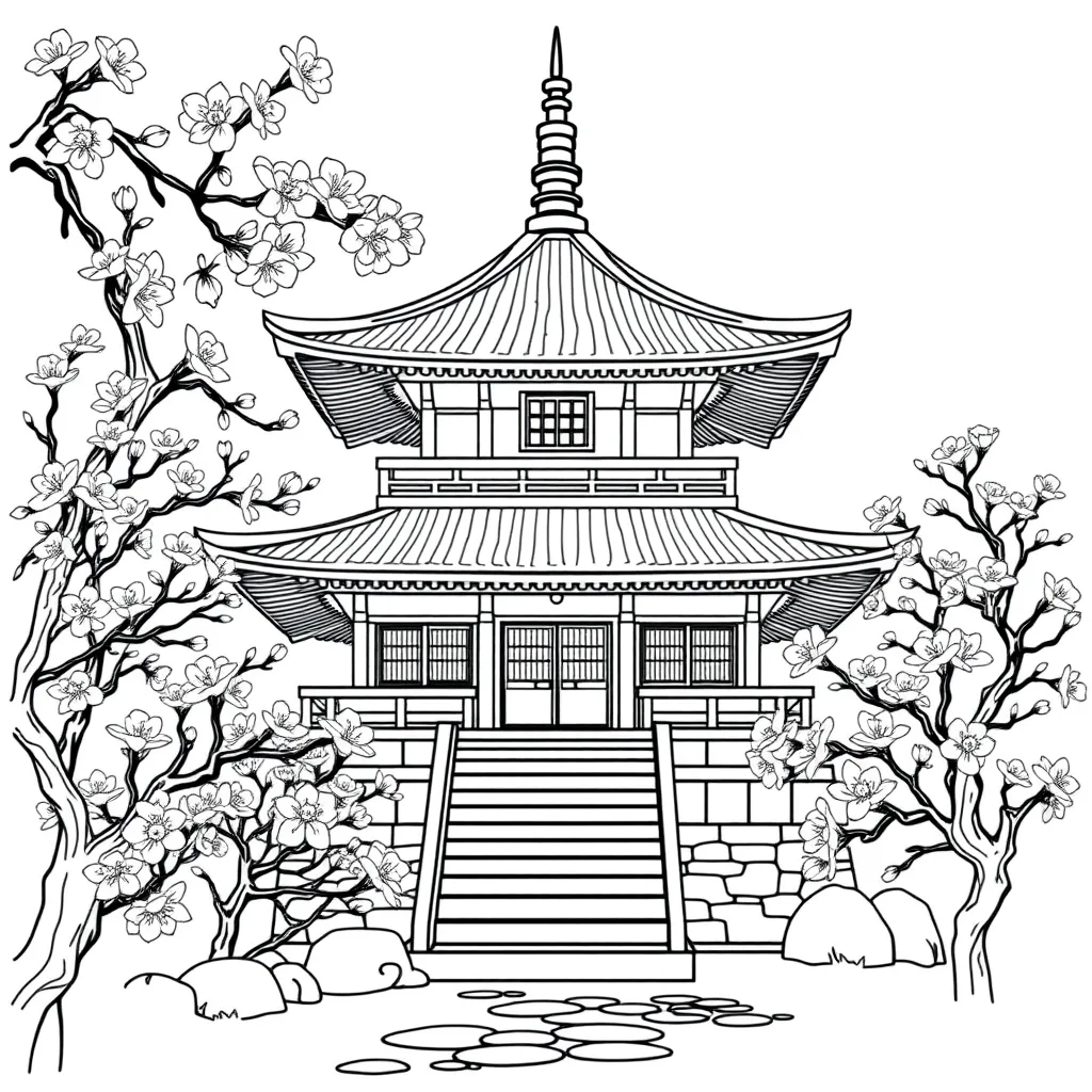 A traditional Japanese temple surrounded by cherry blossoms, architectural and floral accuracy