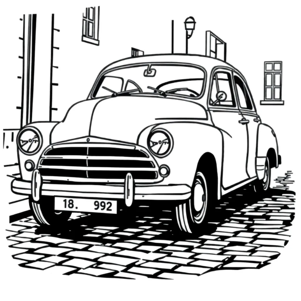 A vintage car parked on a cobblestone street, realistic angles and shadows – black and white outline