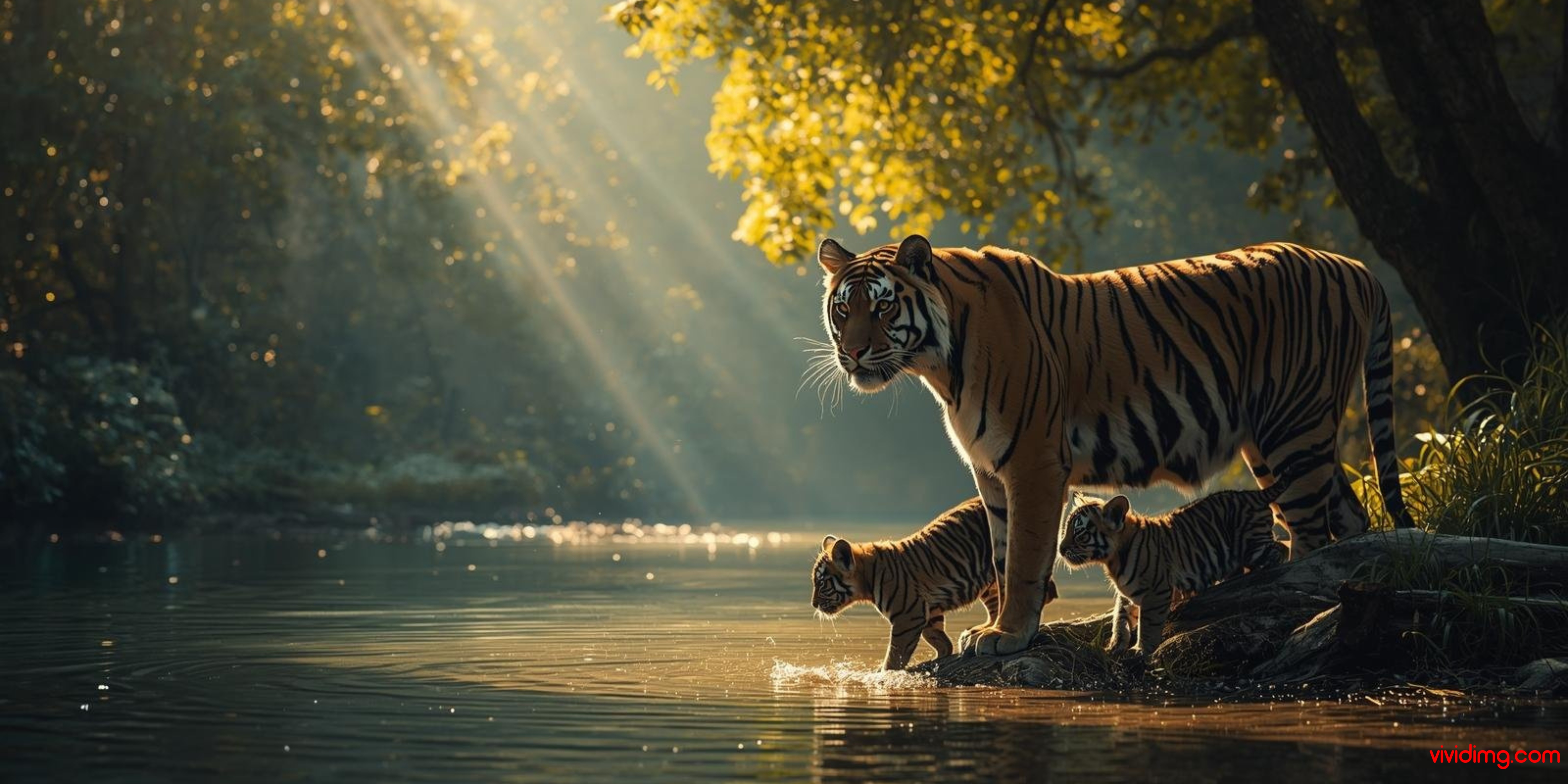 a wild tigress and her cubs quench their thirst at the water s edge on a serene lake bank