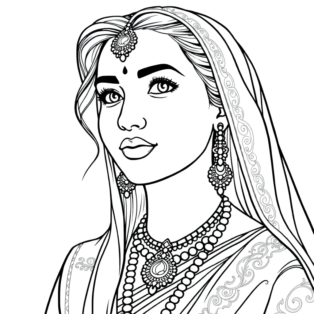 A young woman in traditional Indian attire, realistic folds in the fabric and jewelry – intricate design