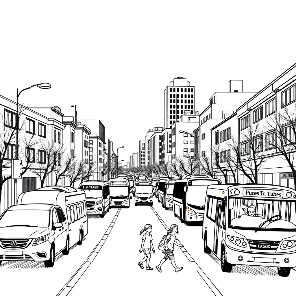 Busy city street with cars, buses, buildings, and kids walking to school – high-contrast sketch