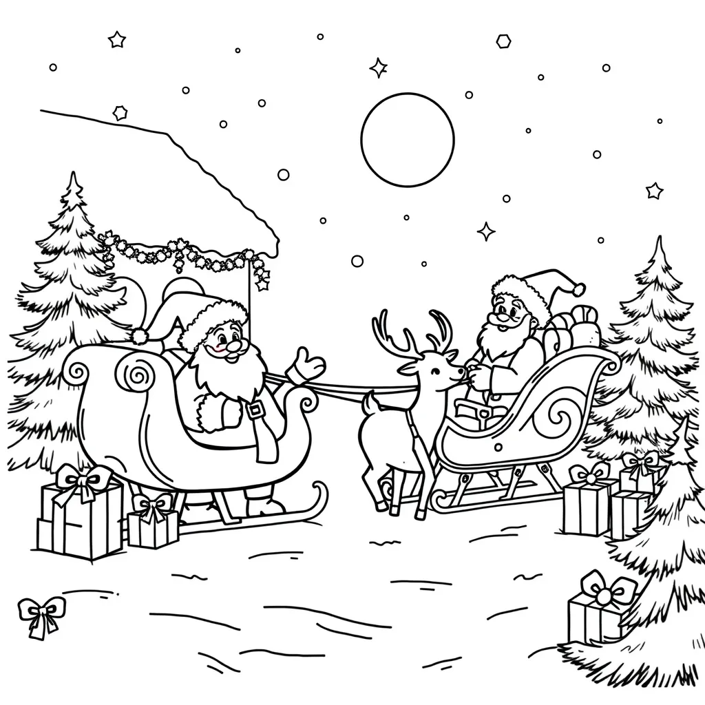 Christmas scene with Santa, sleigh, reindeer, and gifts – high-resolution coloring page