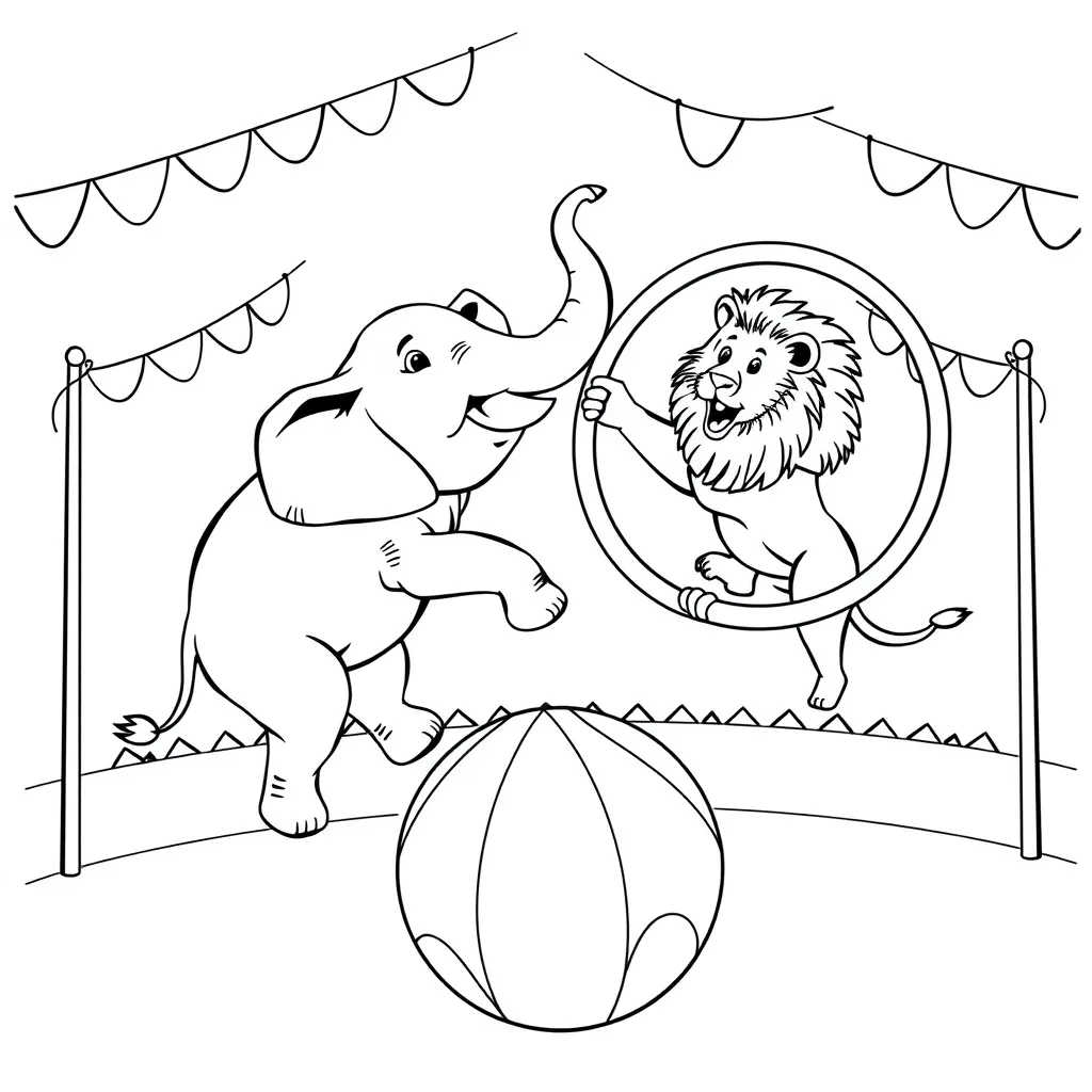 Circus animals performing tricks – elephant balancing on a ball, lion jumping through hoop