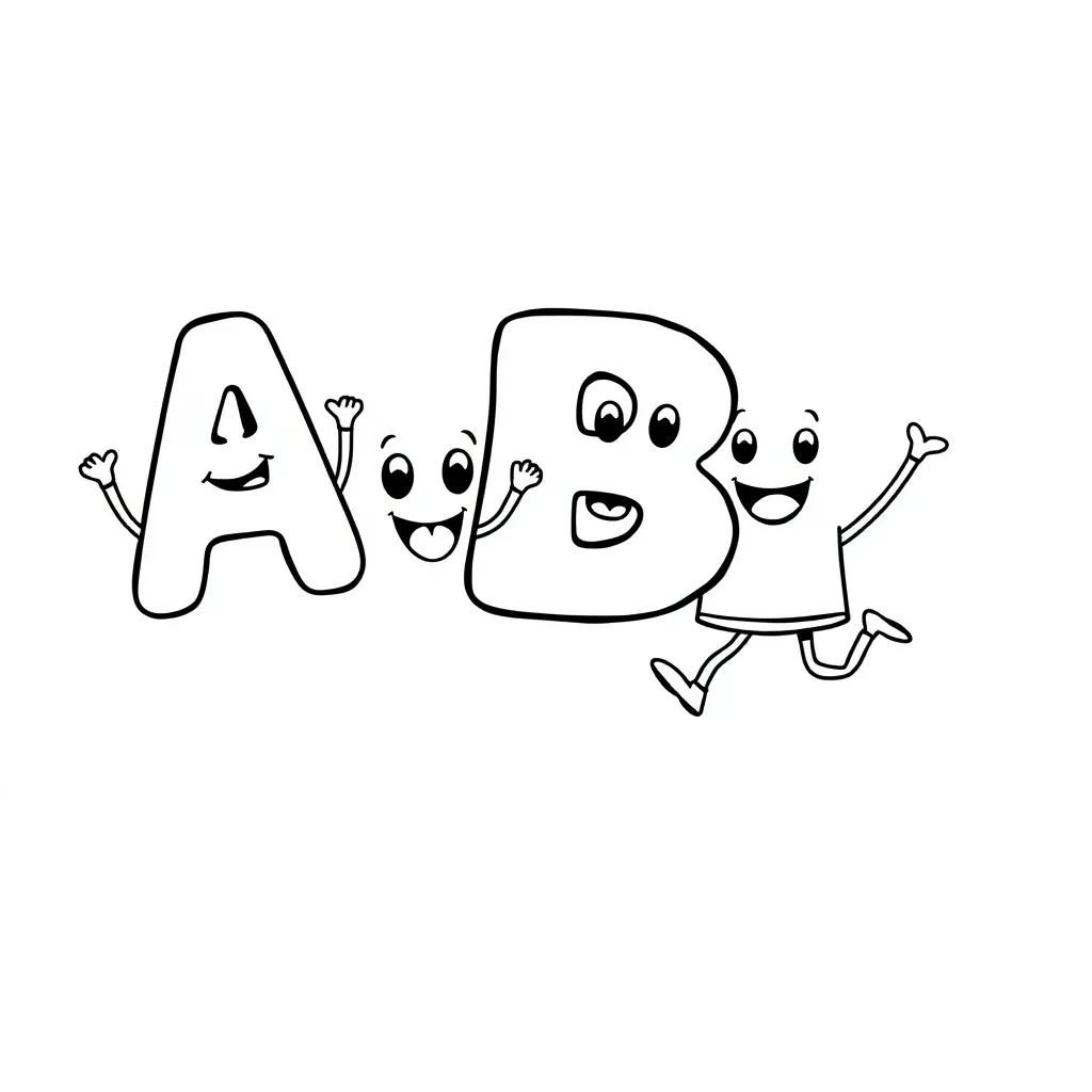 Cute alphabet letters with cartoon arms and faces – each letter doing a fun activity (A is dancing, B is jumping)