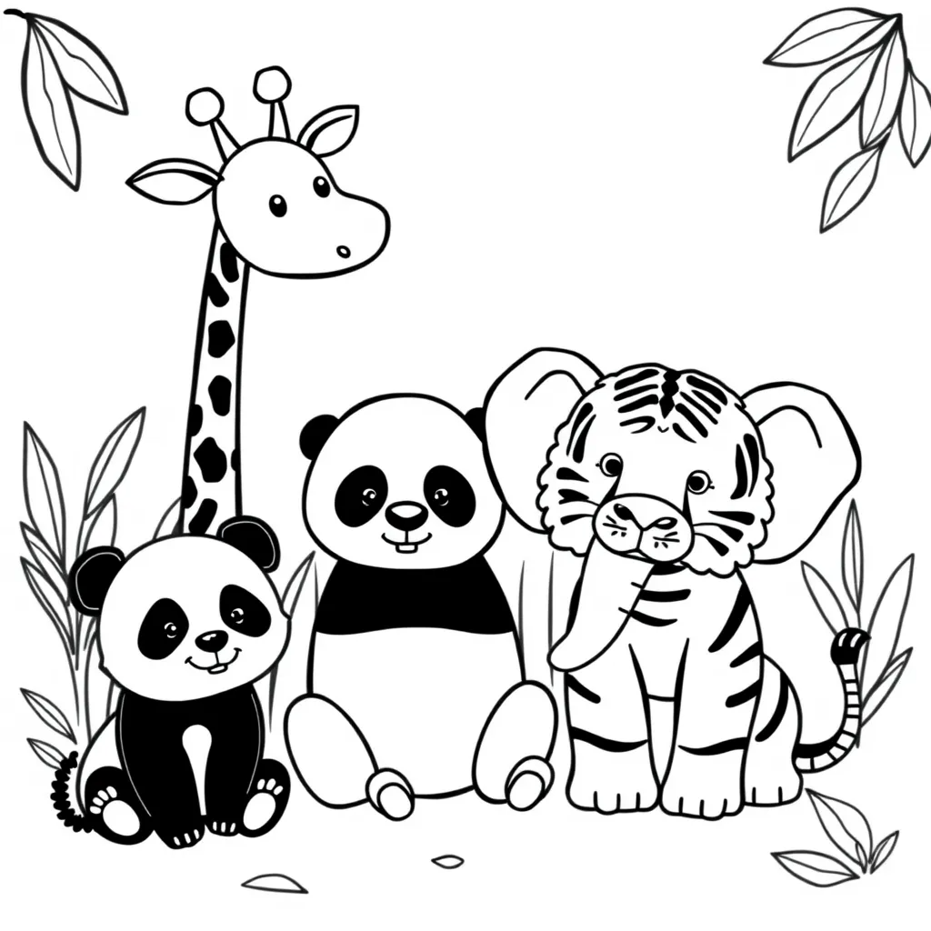 Cute baby animals in a zoo – giraffe, panda, elephant, tiger – simple black and white drawing
