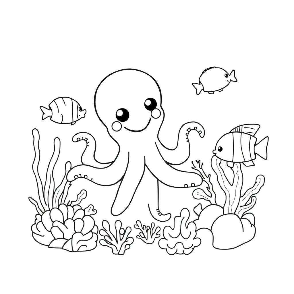 Cute underwater world with a smiling octopus, fish, and coral reef – black and white outline