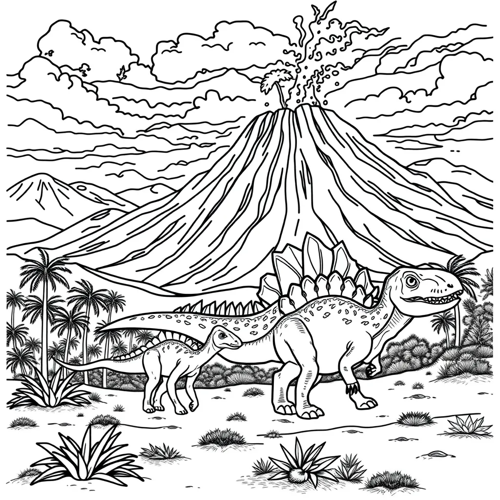 Dinosaur family walking through a volcano valley, T-Rex, Stegosaurus – detailed but clean outlines