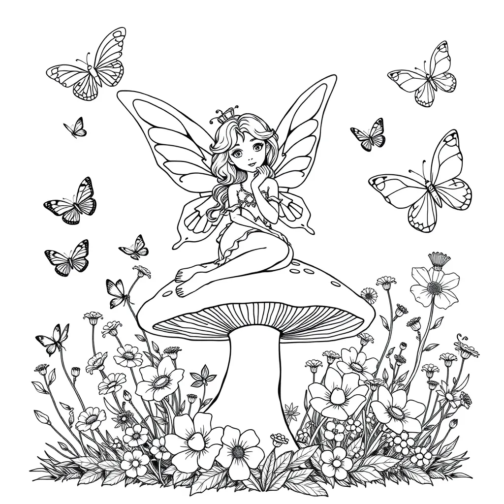 Fairy sitting on a mushroom, surrounded by butterflies and flowers – no color, just clean outlines