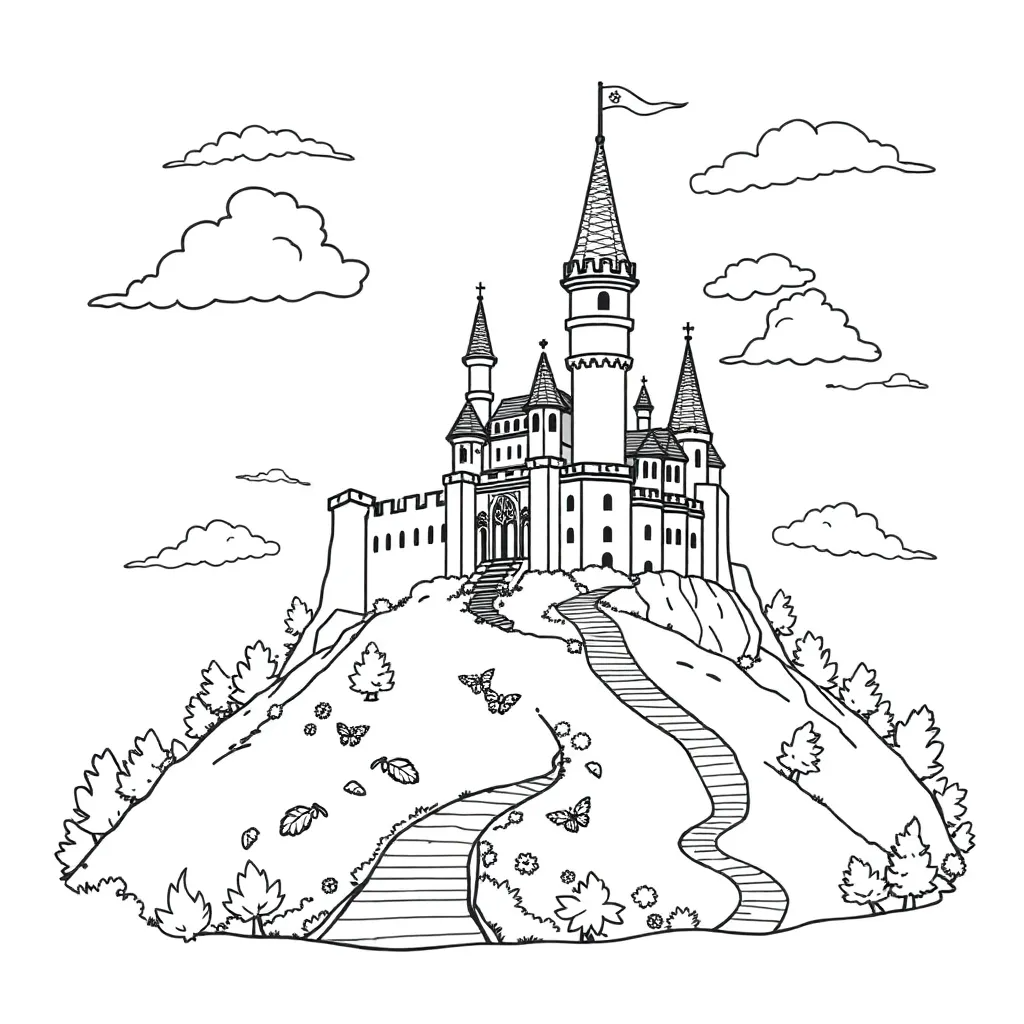 Fantasy castle on a hill with clouds, flags, and winding paths – for kids’ coloring book.