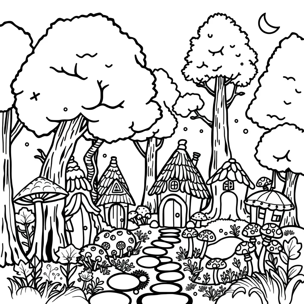 Fantasy forest with gnome houses, talking trees, and mushrooms – whimsical black and white illustration