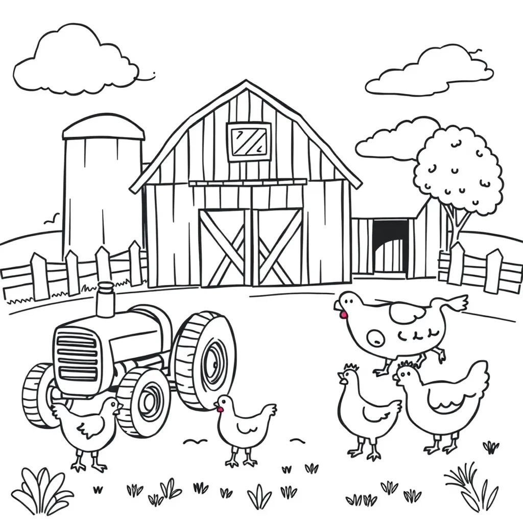Farm scene with barn, tractor, cow, and chickens – children’s coloring page illustration