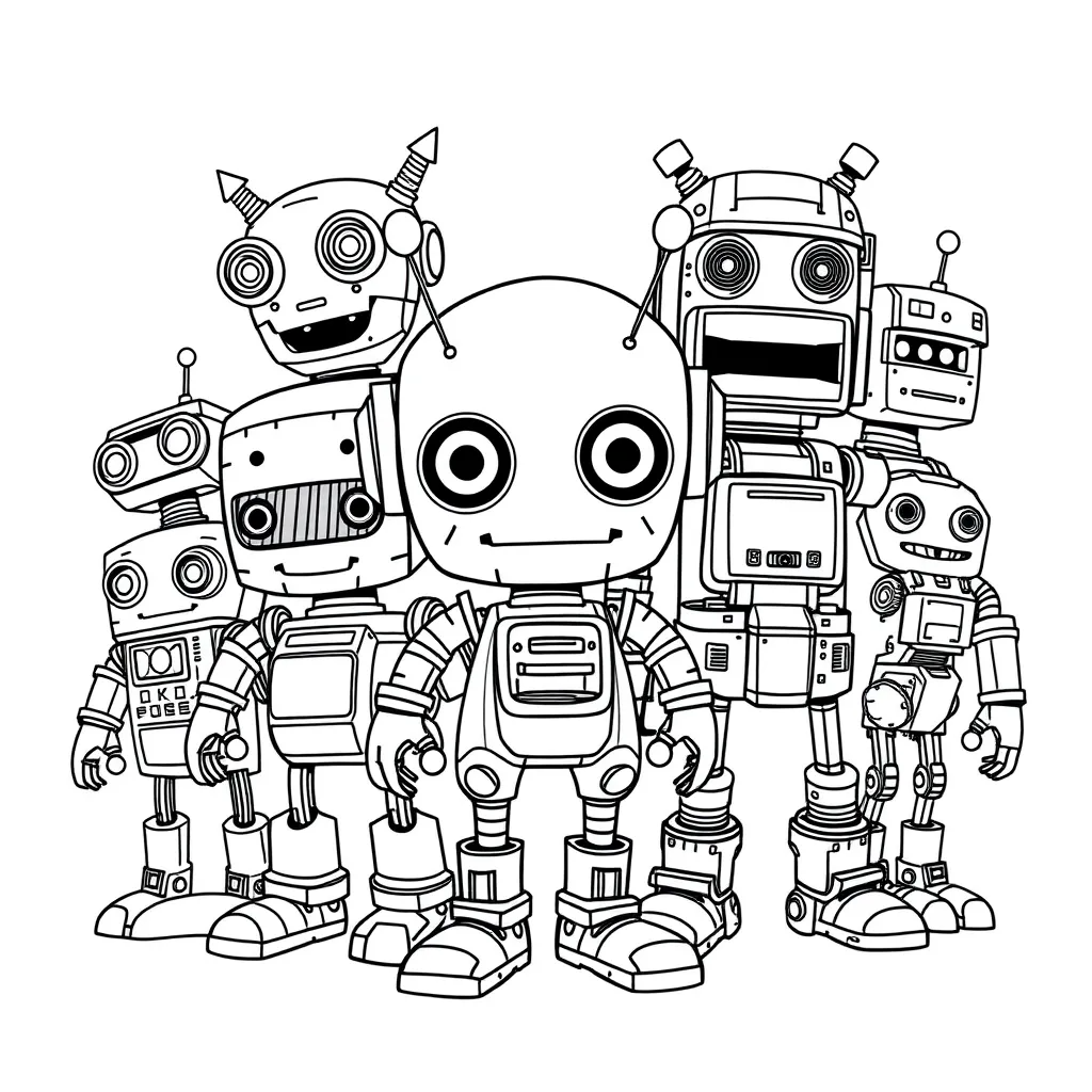 Group of robots with quirky shapes and expressions – sci-fi kids' coloring sketch