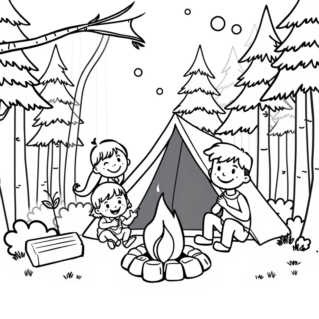 Happy family camping in a forest with a tent, campfire, and marshmallows – children’s activity sheet