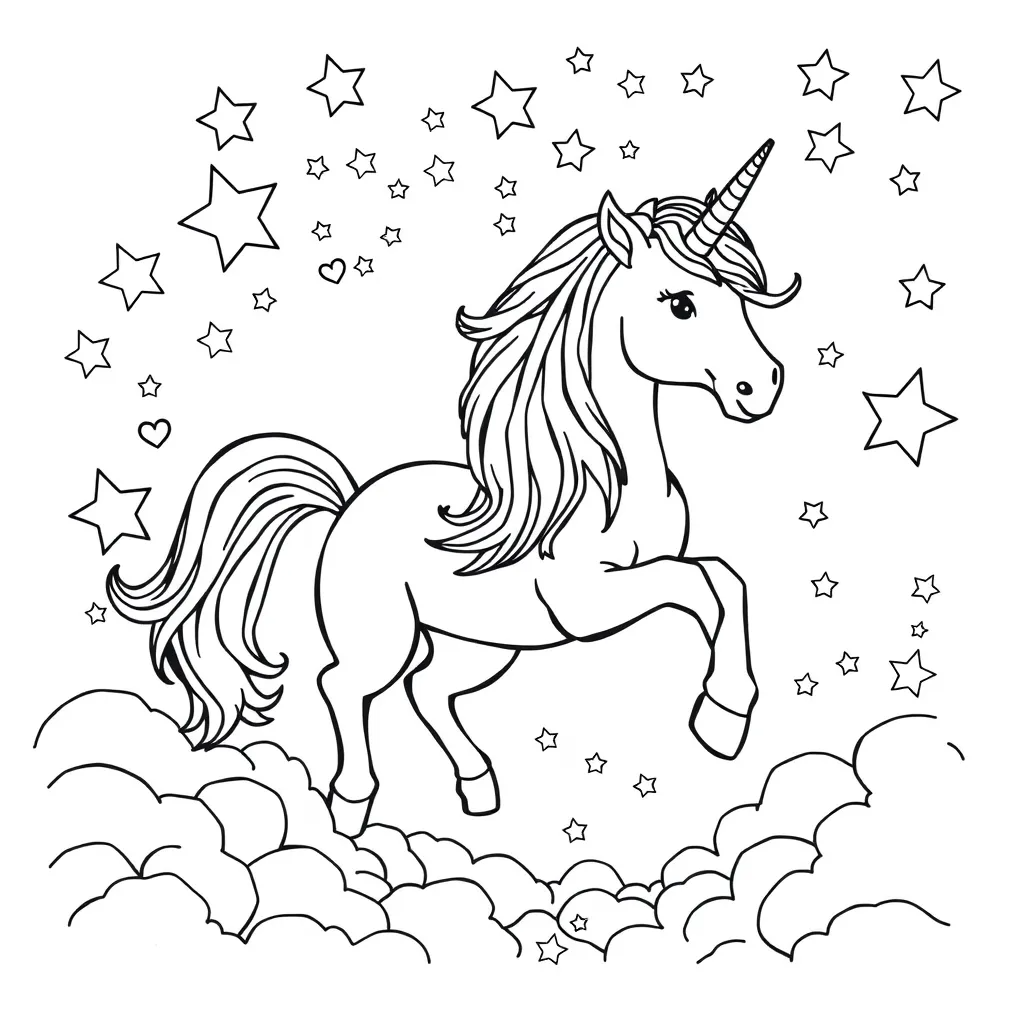 Magical unicorn with rainbow mane running through stars and clouds – coloring book style
