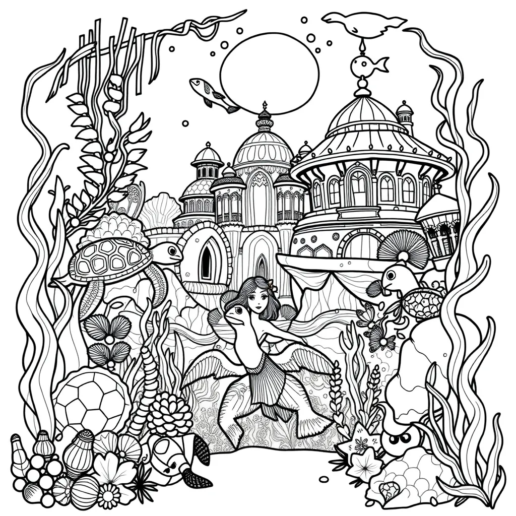 Mermaid underwater palace with sea turtles, shells, and flowing seaweed – coloring book art