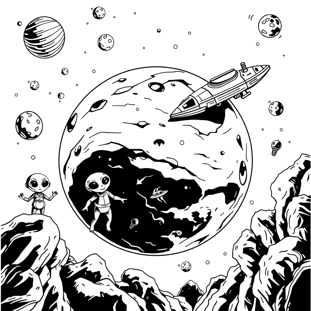 Outer space alien planet with friendly aliens, spacecraft, and floating objects – comic-style sketch