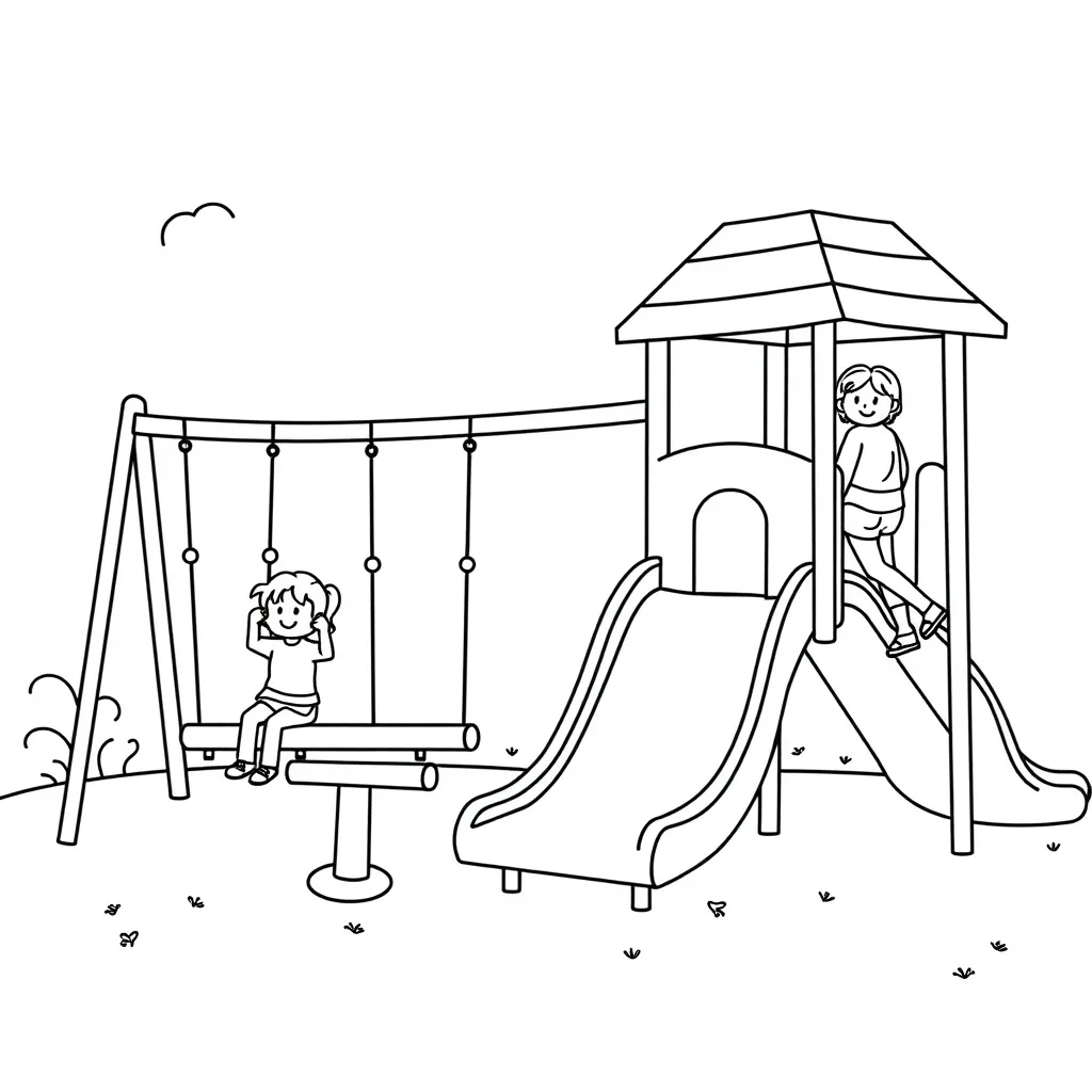 Playground scene with kids on swings, slides, and seesaw – black and white line drawing