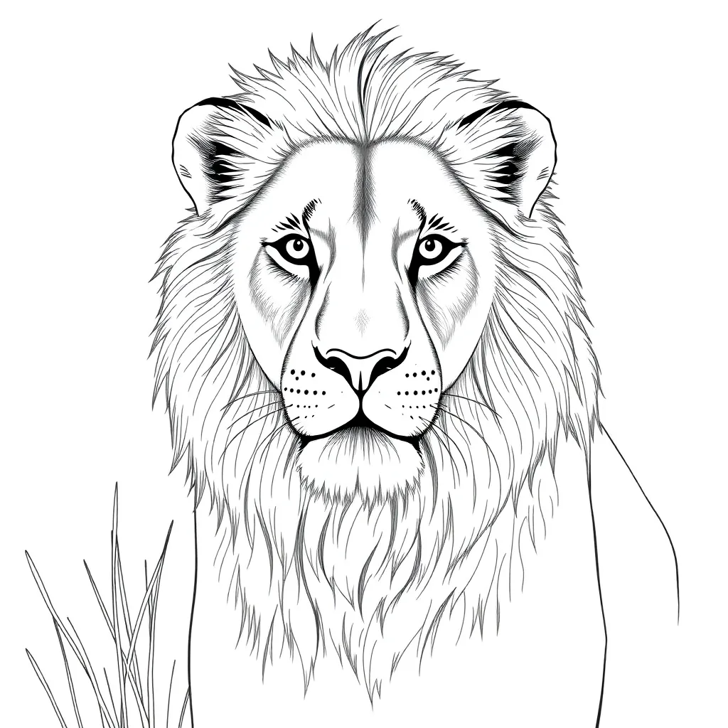 Portrait of a lion in the savannah, detailed fur and sharp eyes – high-detail coloring sketch