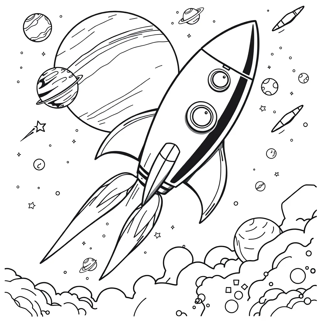 Rocket ship blasting off into space with planets, comets, and stars in background – outline only
