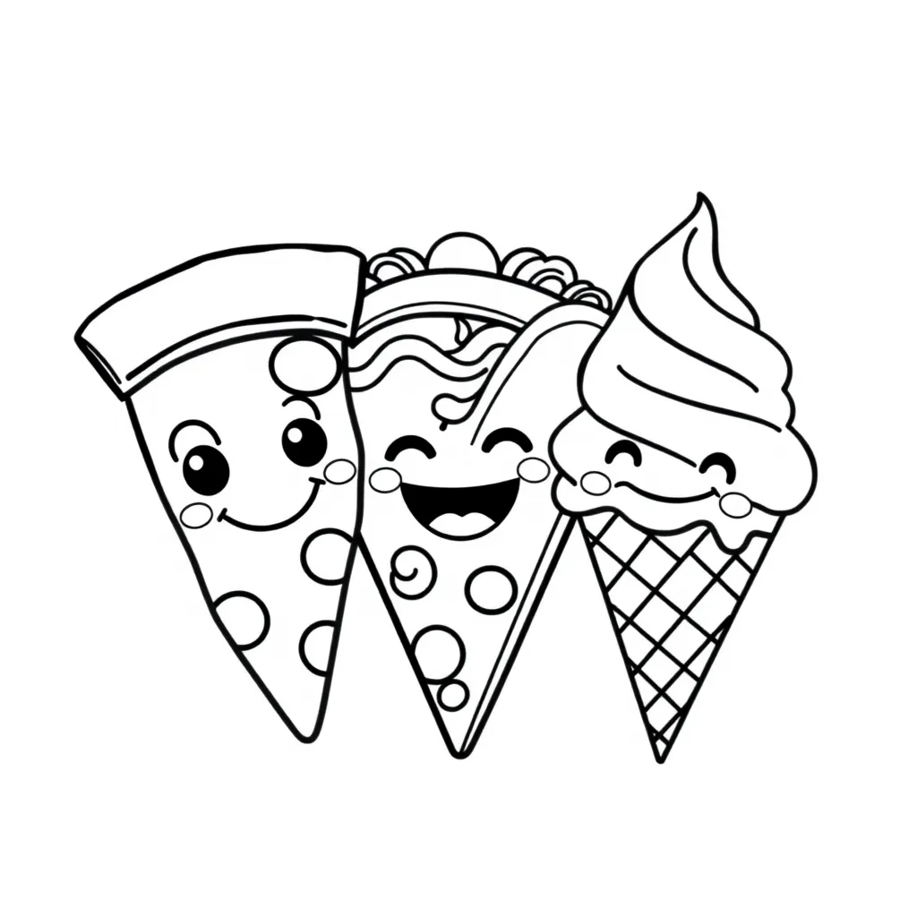 Smiling food friends – a pizza slice, taco, and ice cream cone with cute faces – thick lines, cartoon style