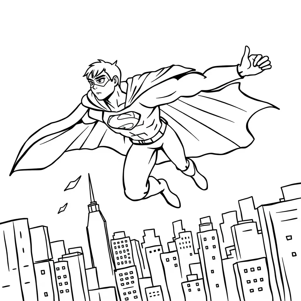 Superhero flying over the city, saving people, with capes and bold shapes – simple outlines only