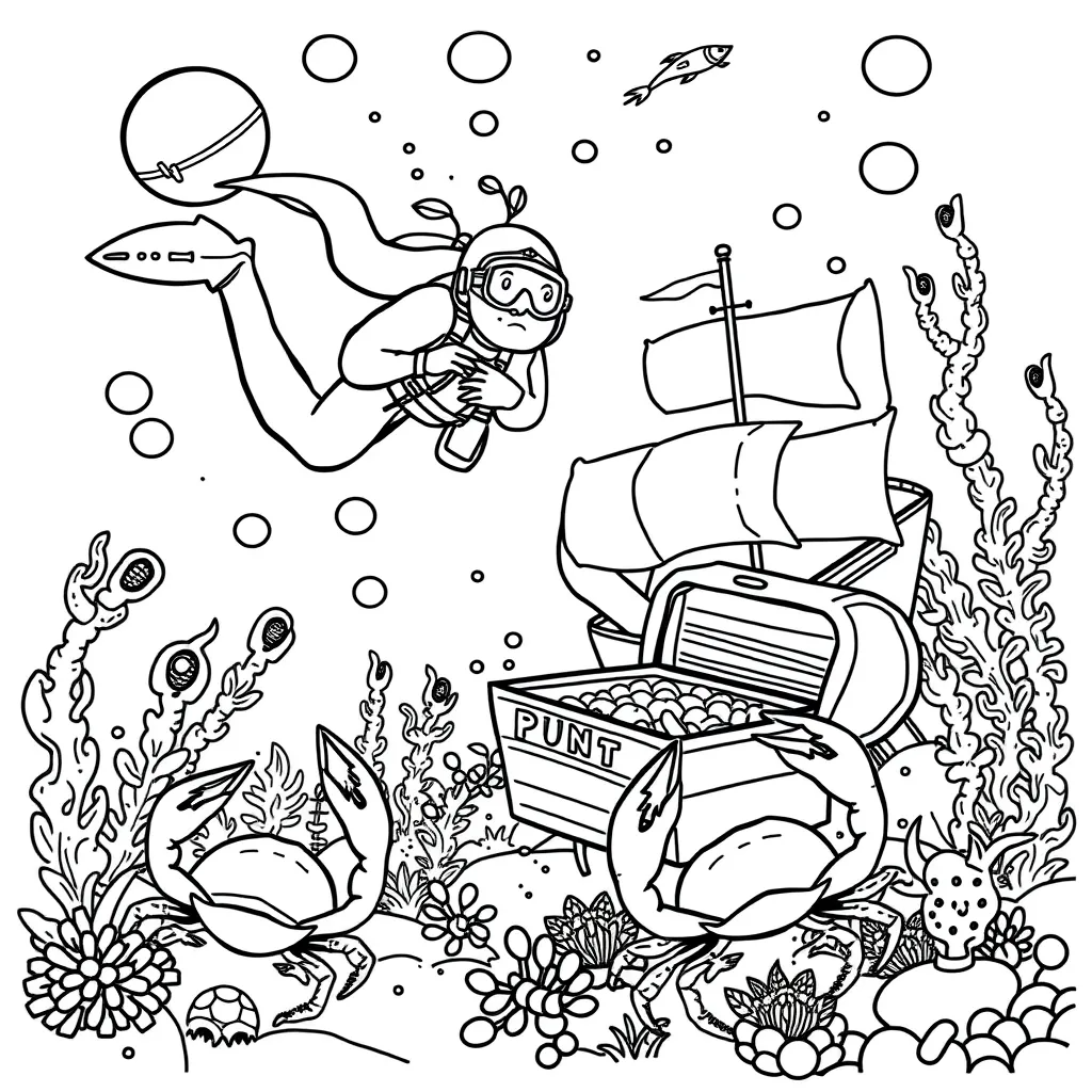 Underwater treasure hunt – diver, treasure chest, crabs, and sunken ship – line drawing