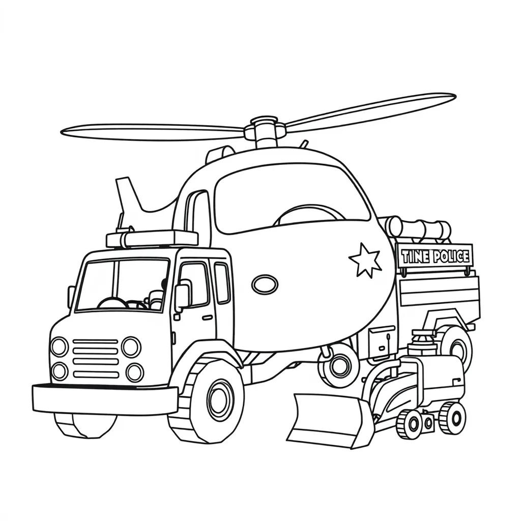Vehicles coloring page – helicopter, police car, fire truck, and bulldozer – kids’ favorite transport