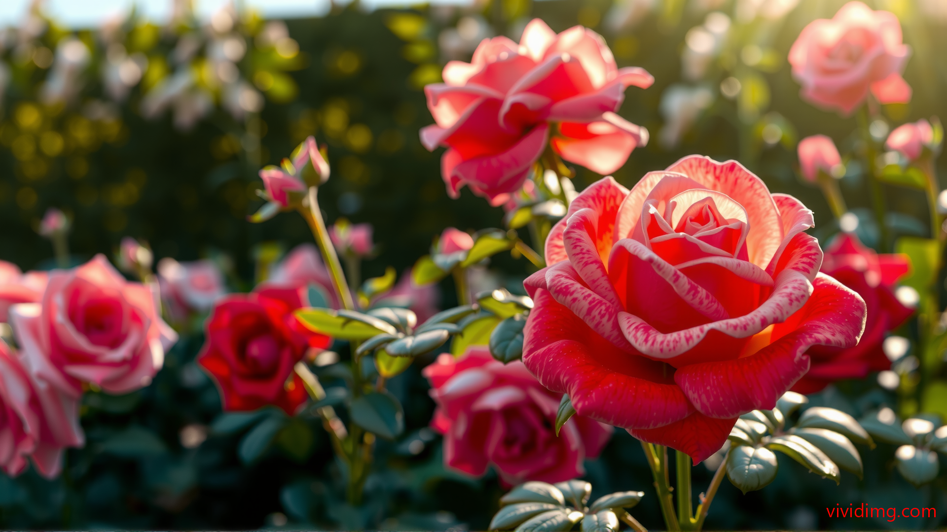 Lush rose blooms in spring sunlight