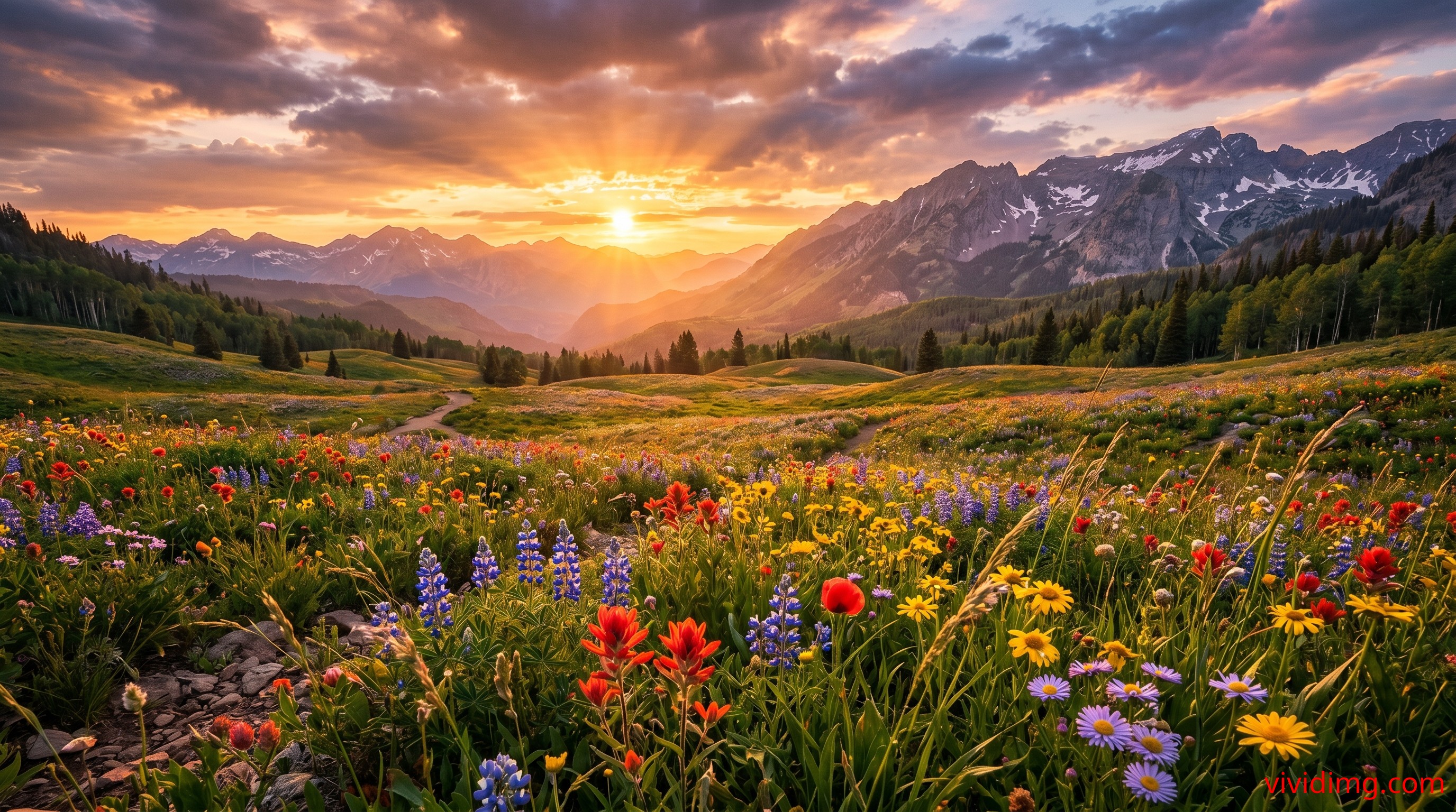 Wildflower field glowing at sunset with majestic mountain backdrop in stunning 8K