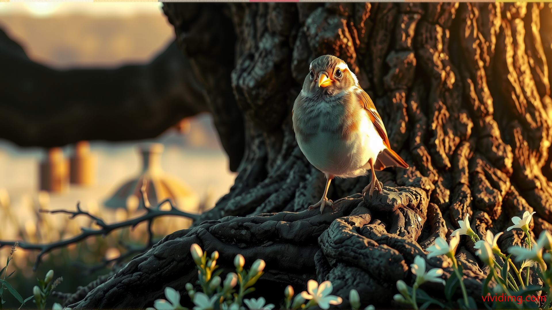 Warm winter sparrow in bloom