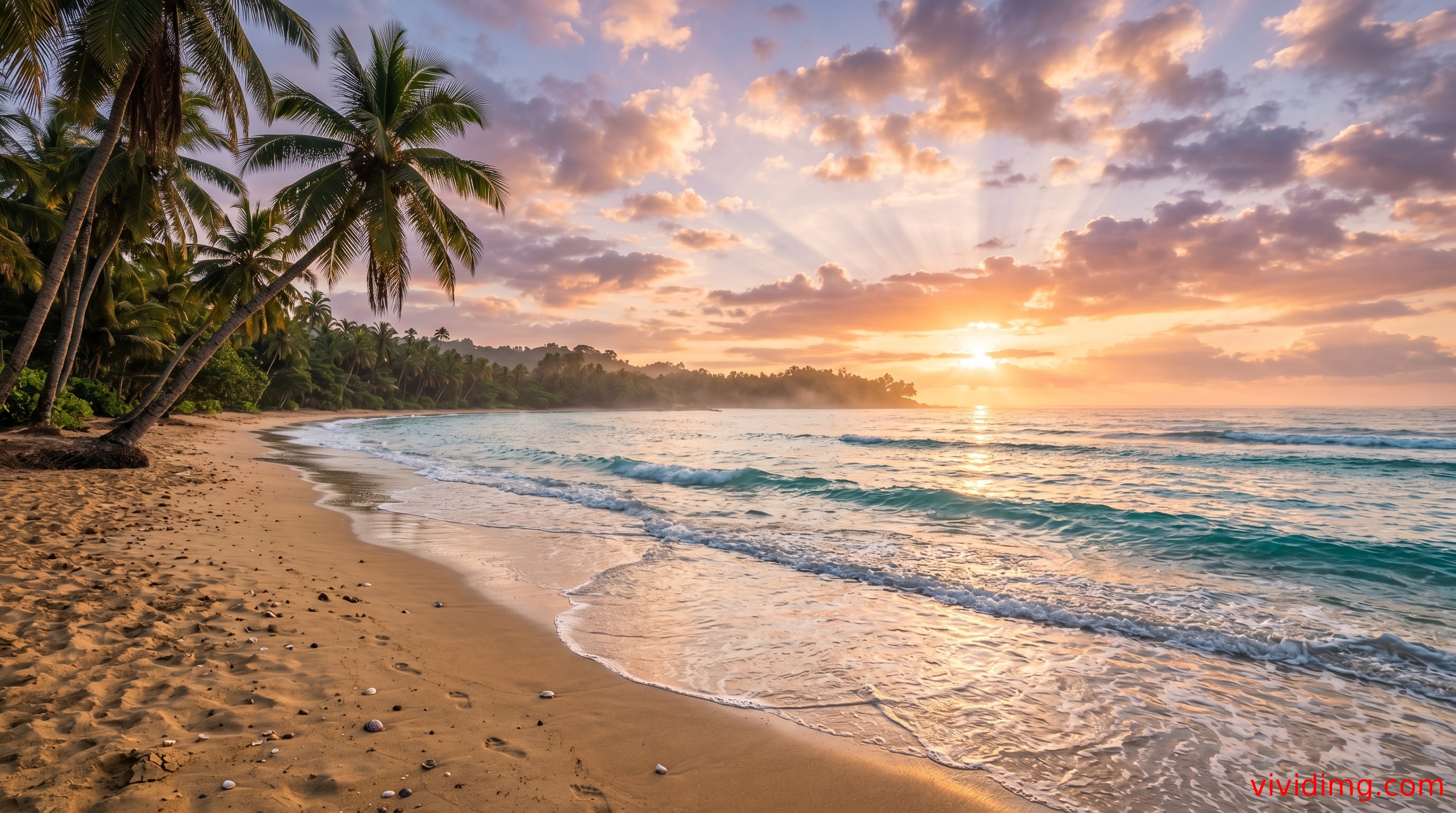 Sunrise beach view with palm trees and gentle ocean waves in stunning 8K wallpaper