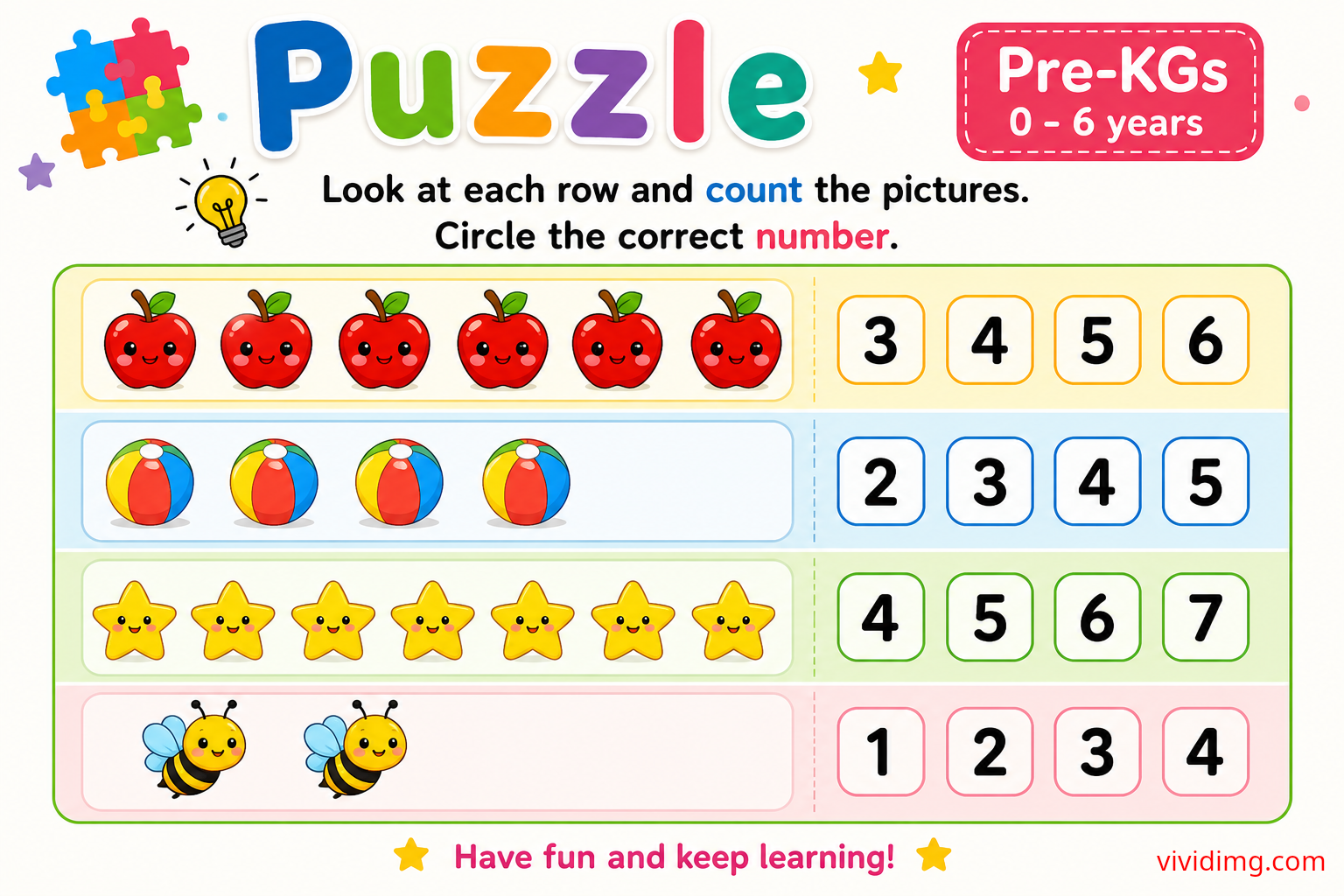 Pre-KGs counting and circle puzzle worksheet for kids | fun preschool math activity (0–6 years)