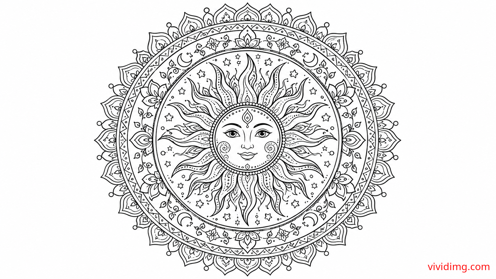 Celestial sun mandala for joyful coloring - Mandala Art